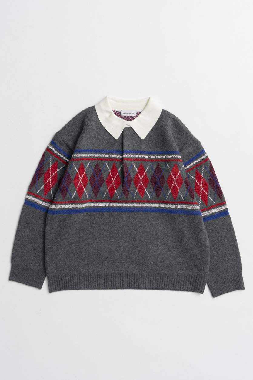 MAISON SPECIAL Argyle Rugby Polo Knit / アーガイルラガーポロニット (GRY(グレー), FREE) メゾンスペシャル ELLE SHOP