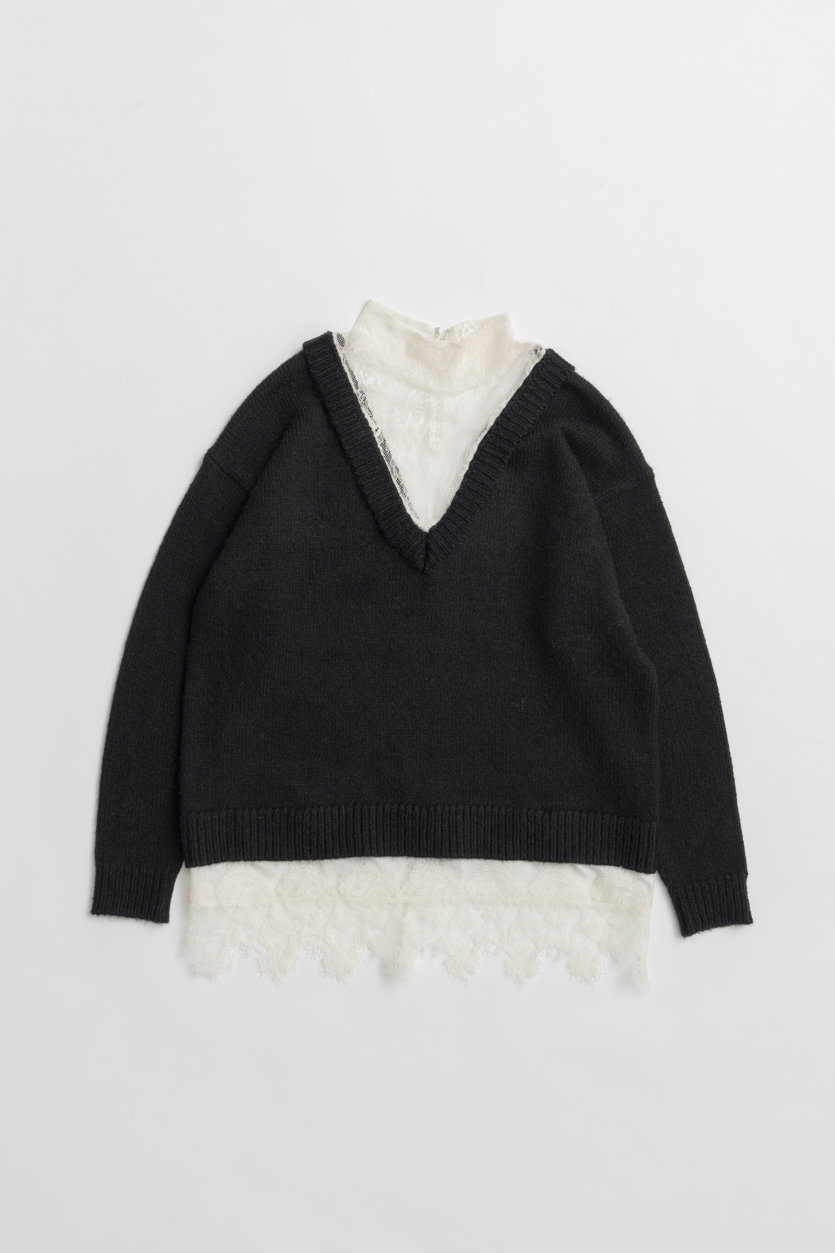 MAISON SPECIAL Lace Docking Knit Top / レースドッキングニットトップ (BLK(ブラック), FREE) メゾンスペシャル ELLE SHOP