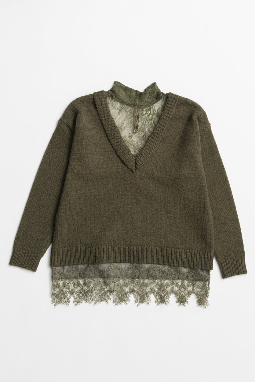 MAISON SPECIAL Lace Docking Knit Top / レースドッキングニットトップ (KHK(カーキ), FREE) メゾンスペシャル ELLE SHOP