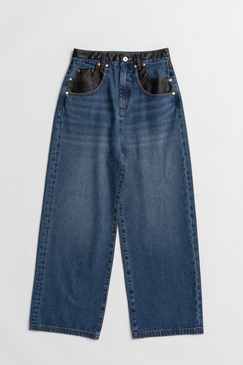 MAISON SPECIAL Faux Leather Docking Straight Denim / フェイクレザードッキングストレートデニム (BLU(ブルー), 38) メゾンスペシャル ELLE SHOP