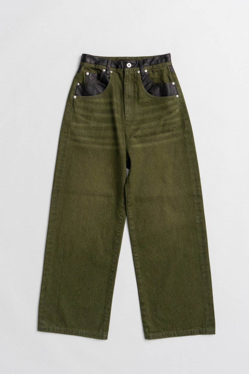 MAISON SPECIAL Faux Leather Docking Straight Denim / フェイクレザードッキングストレートデニム (KHK(カーキ), 38) メゾンスペシャル ELLE SHOP