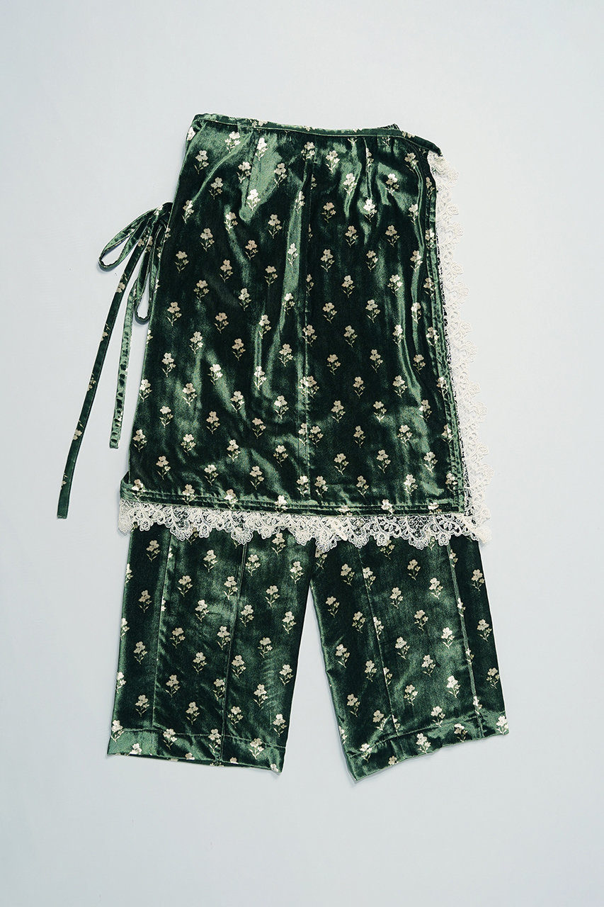 MAISON SPECIAL Lace Trim Velour Wrap Skirt Pants / レーストリムベロアラップスカートパンツ (GRN(グリーン), 38) メゾンスペシャル ELLE SHOP