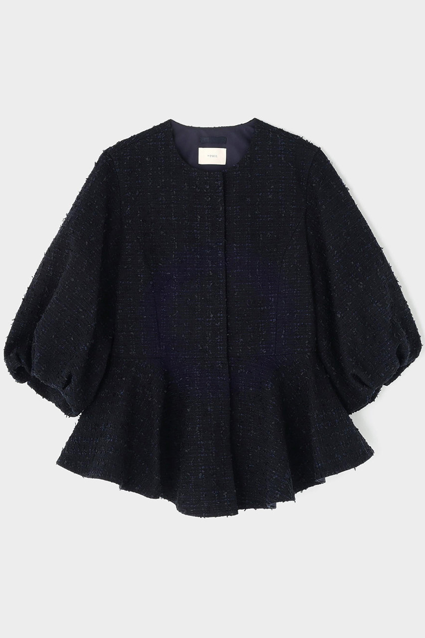 LE PHIL ツイードボリュームスリーブジャケット (ネイビー, Ｆ) ル フィル ELLE SHOP
