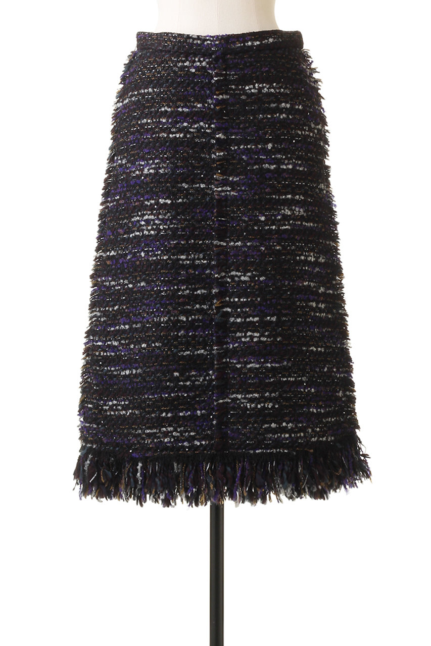 リセのファッションブラミンク ツイードスカート フリンジ ブラック モノトーン