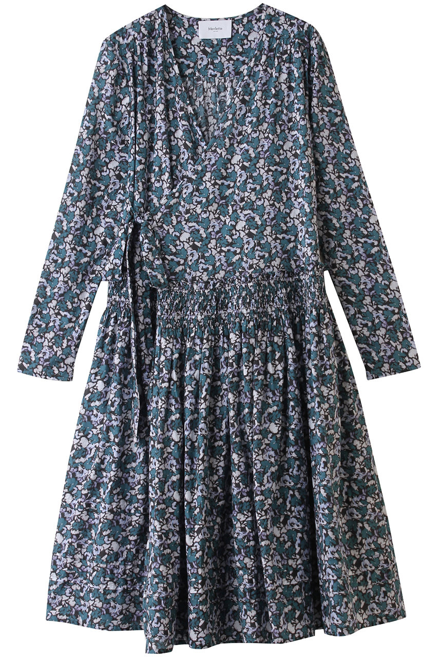 Merlette LILAS PRINT フラワープリント ローウエスト切替ギャザーラップドレス (ネイビー, S) マーレット ELLE SHOP Merlette LILAS PRINT フラワープリント ローウエスト切替ギャザーラップドレス (ネイビー, S) マーレット ELLE SHOP