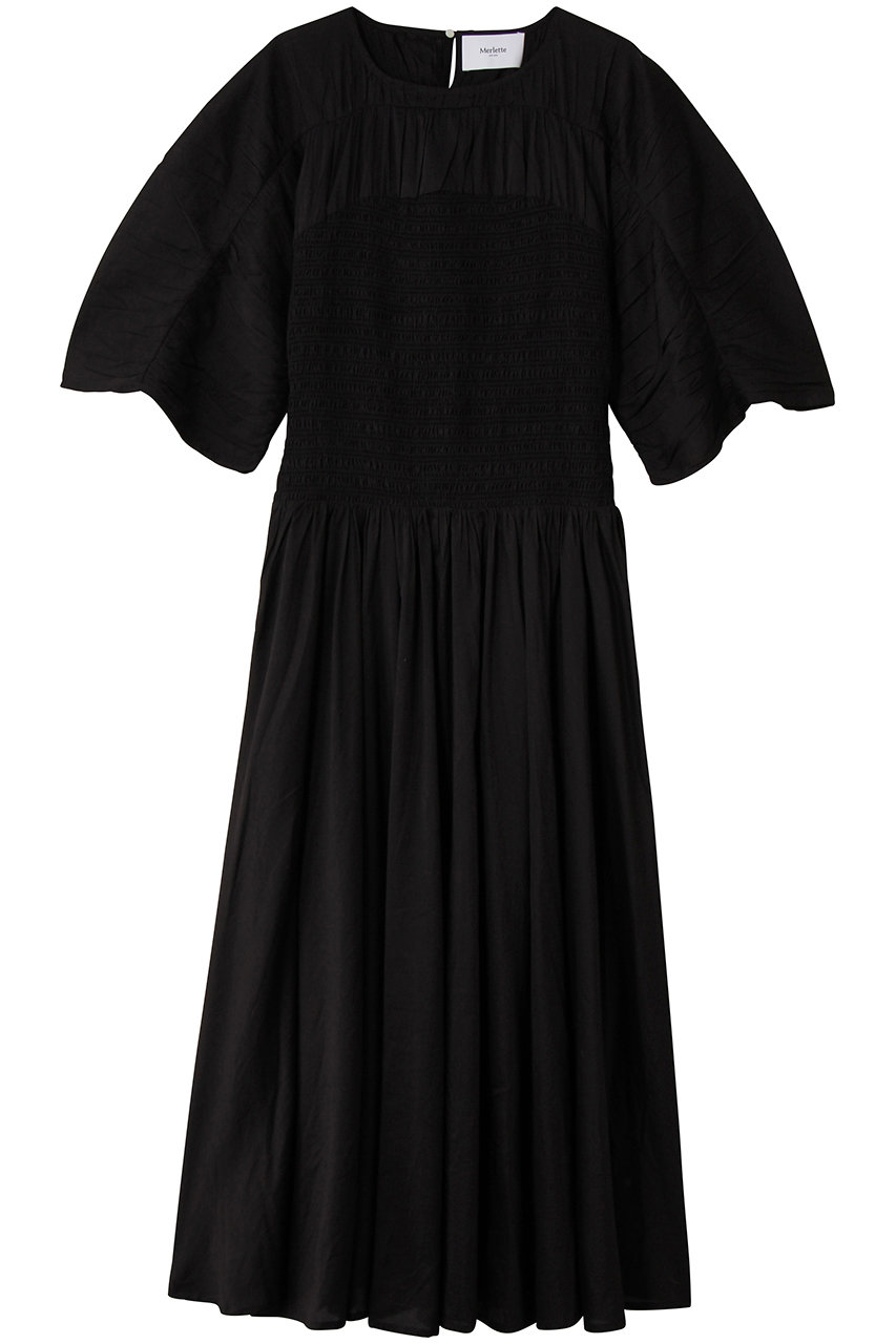 Merlette GAEA ハンドスモッキング刺しゅうギャザースリーブドレス (ブラック, S) マーレット ELLE SHOP