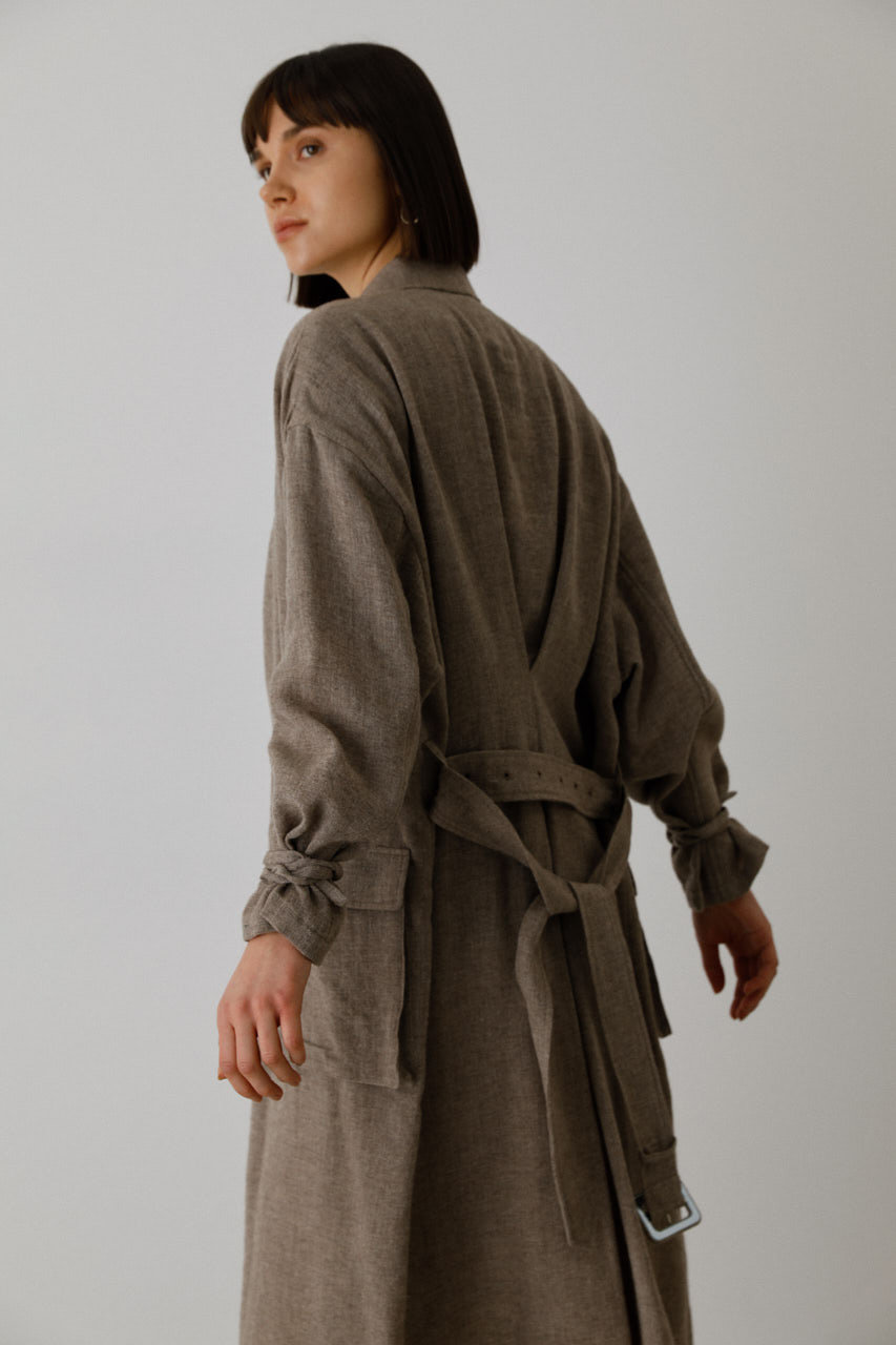 Wool linen maxi trench coat/トレンチコート