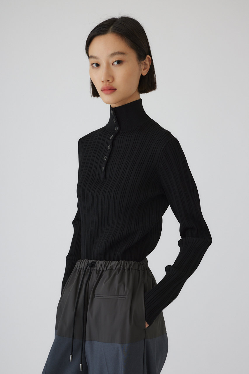 RIM.ARK(リムアーク)｜Open collar rib knit tops/トップス/ブラック