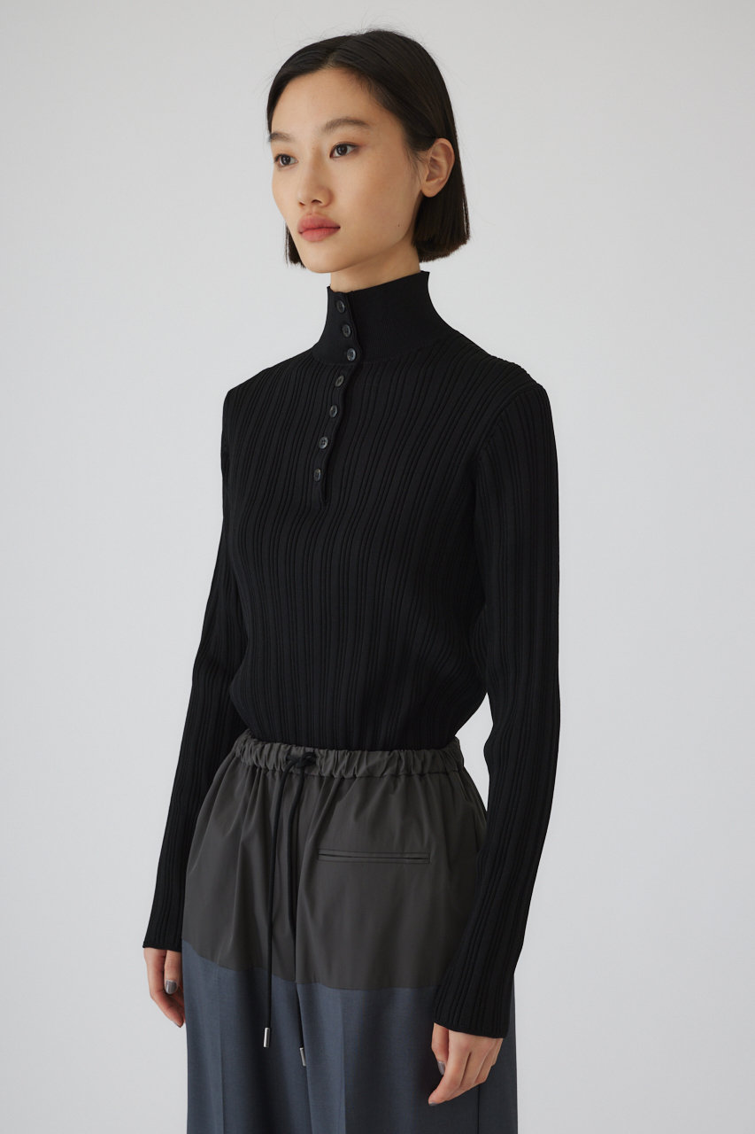 RIM.ARK(リムアーク)｜Open collar rib knit tops/トップス/ブラック