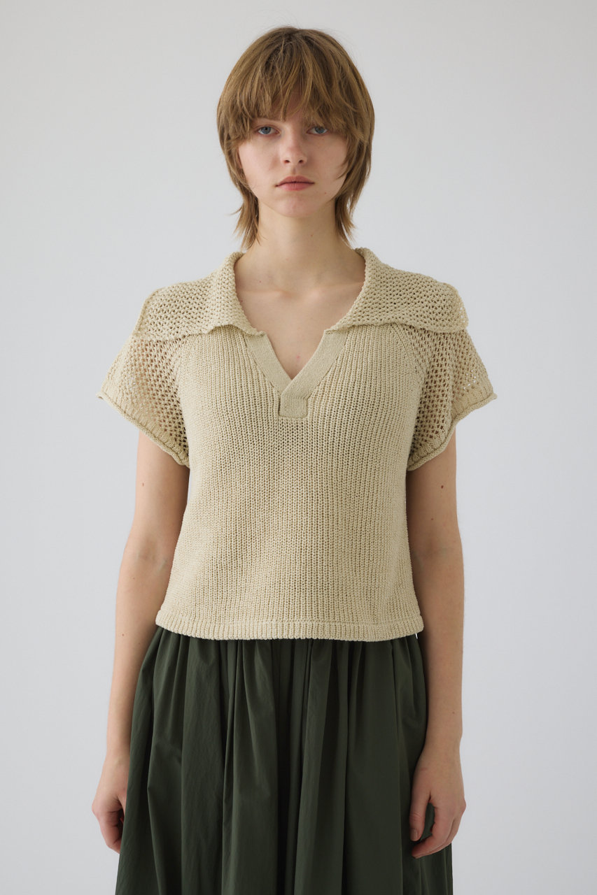 Linen mix open collar tops/トップス