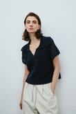 Linen mix open collar tops/トップス