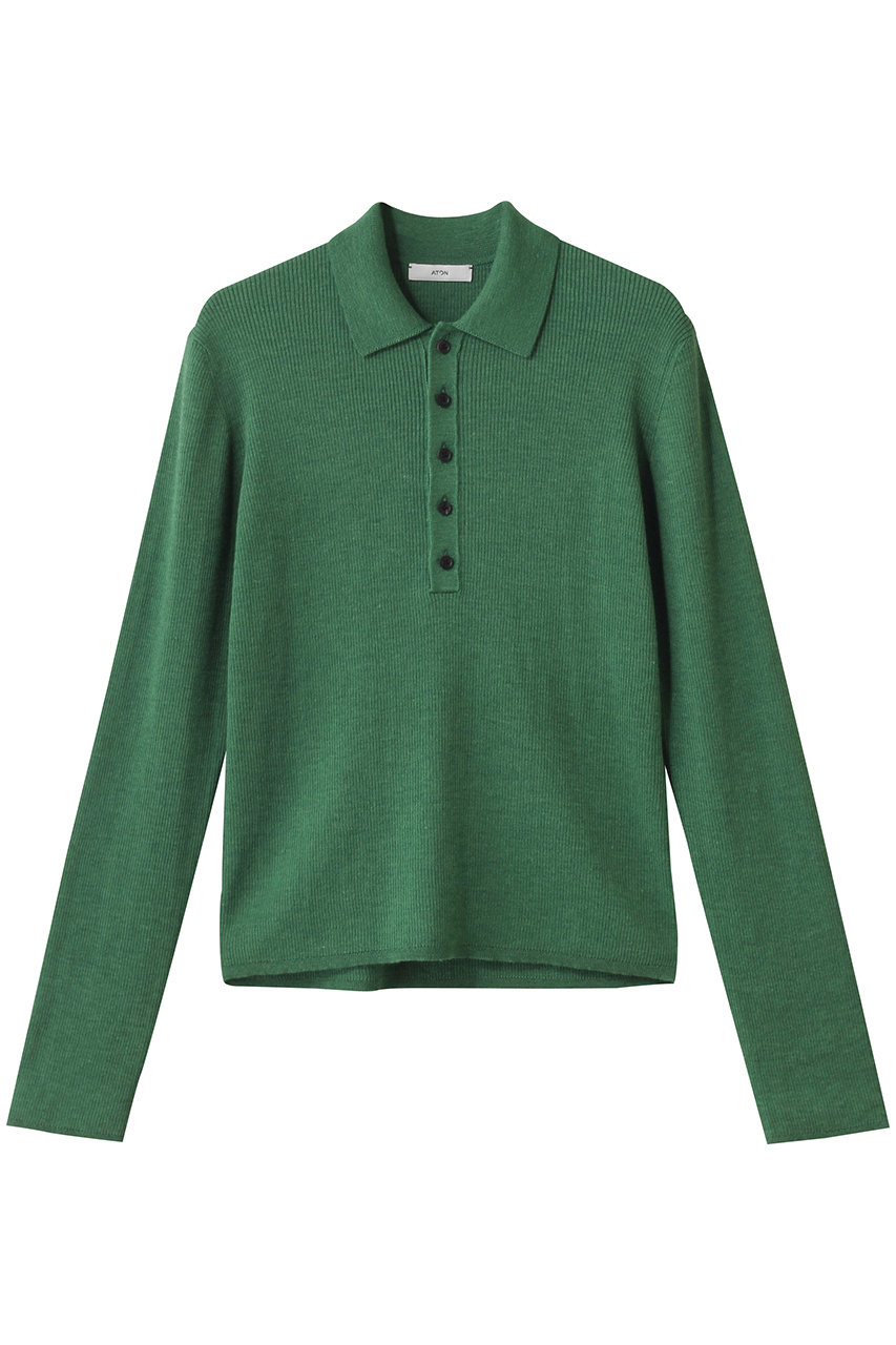 ATON RAMIE WOOL リブポロセーター (グリーン, 2) エイトン ELLE SHOP ATON RAMIE WOOL リブポロセーター (グリーン, 2) エイトン ELLE SHOP