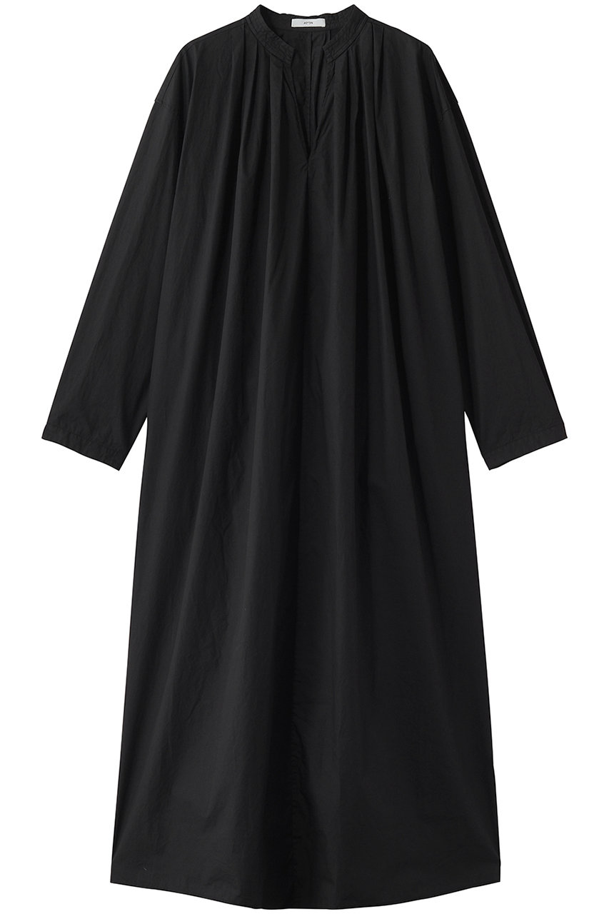 エイトン/ATONのNATURAL DYED コットン ローン タックド ロングスリーブ ドレス(ブラック/OPAGLM0406)