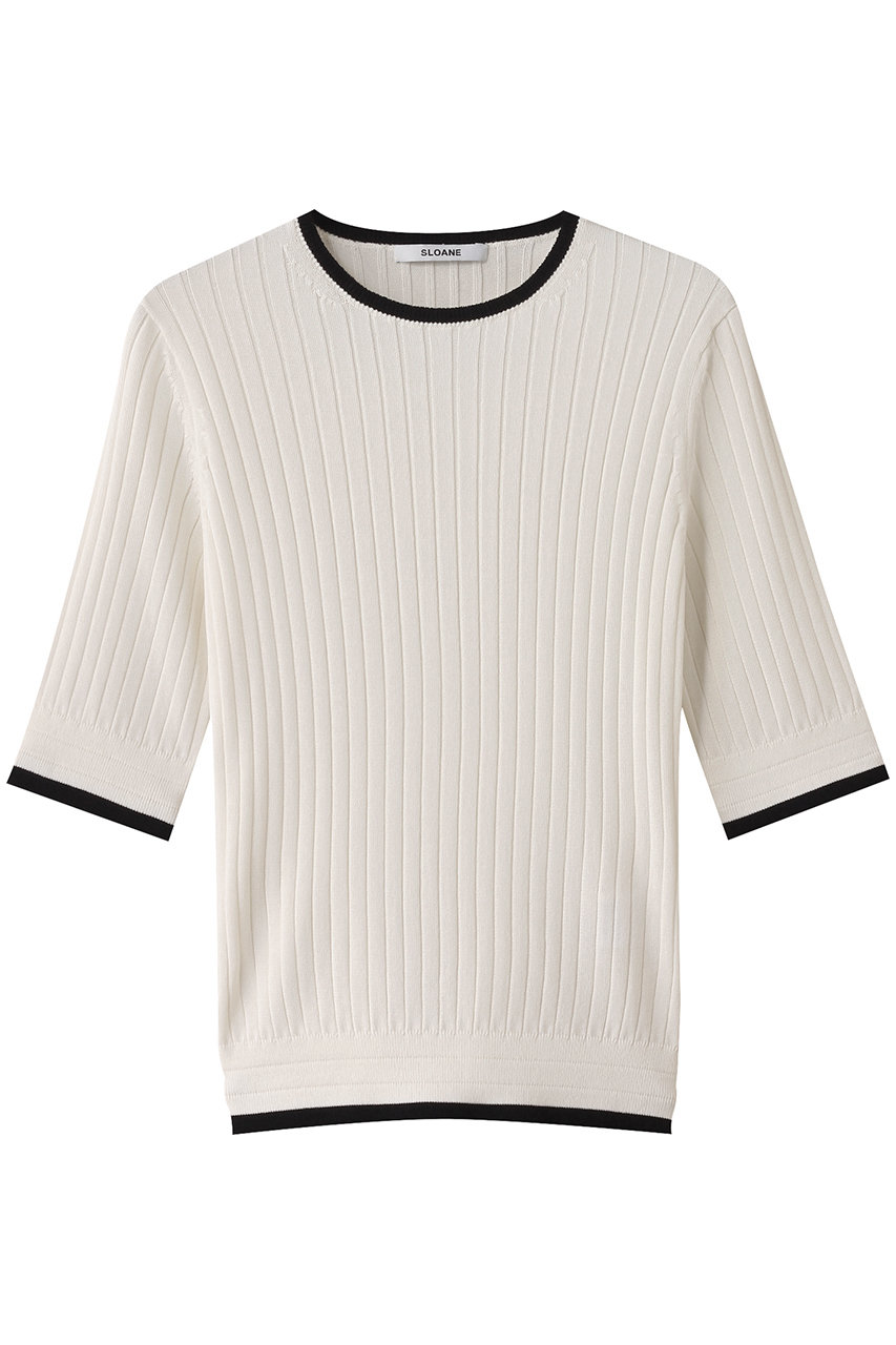 SLOANE 12Gワイドリブ コットン×ポリエステル バイカラー5分袖クルーネック (ホワイト×ブラック, 3) スローン ELLE SHOP SLOANE 12Gワイドリブ コットン×ポリエステル バイカラー5分袖クルーネック (ホワイト×ブラック, 3) スローン ELLE SHOP