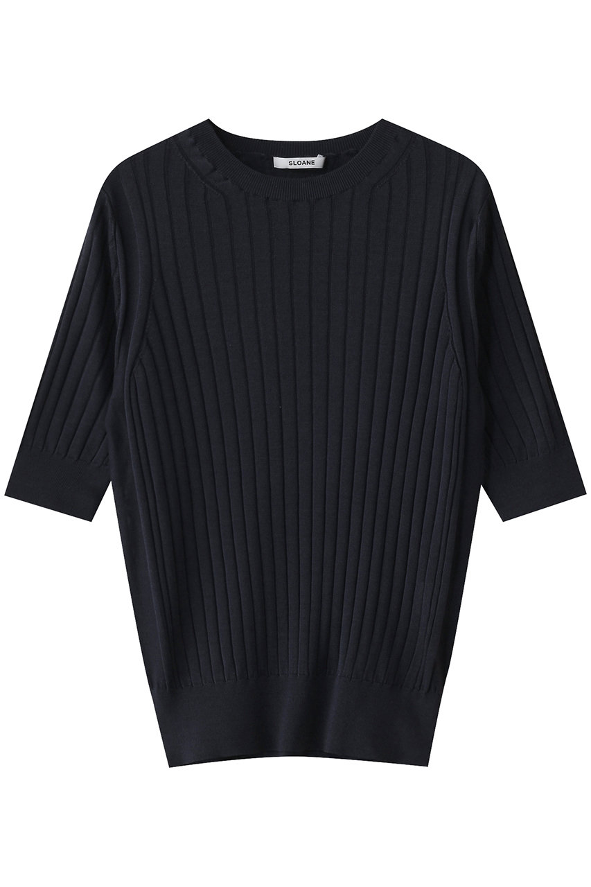 SLOANE 18Gワイドリブ シルク 5分袖クルーネック (ネイビー, 3) スローン ELLE SHOP SLOANE 18Gワイドリブ シルク 5分袖クルーネック (ネイビー, 3) スローン ELLE SHOP