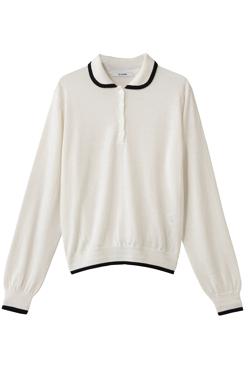 スローン/SLOANEの16G天竺 エクストラファインメリノウール バイカラー丸襟ポロ ニットトップス(ホワイト×ブラック/SL10W-1007)