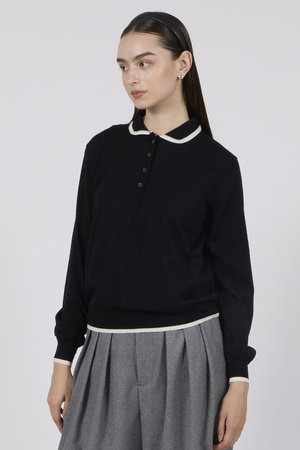 スローン/SLOANEの16G天竺 エクストラファインメリノウール バイカラー丸襟ポロ ニットトップス(110300/110301)