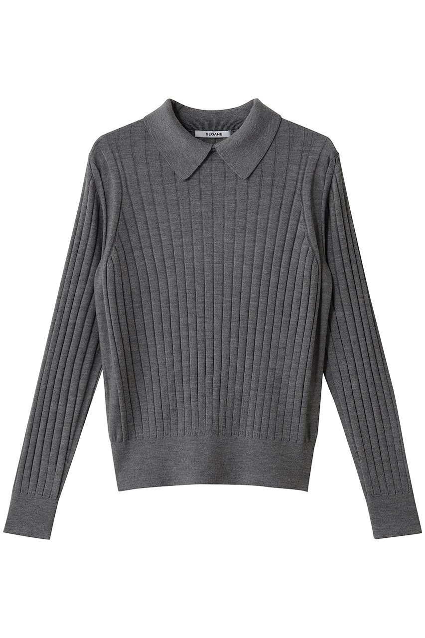 スローン/SLOANEの18Gワイドリブ エクストラファインメリノウール×シルク 襟付きプルオーバー(グレー/SL8W-503)