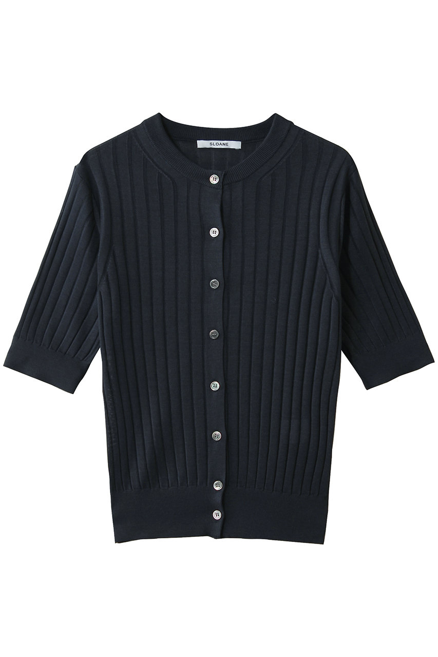 スローン/SLOANEの18Gワイドリブ シルク 5分袖クルーネックカーディガン(ネイビー/SL10S-1102)