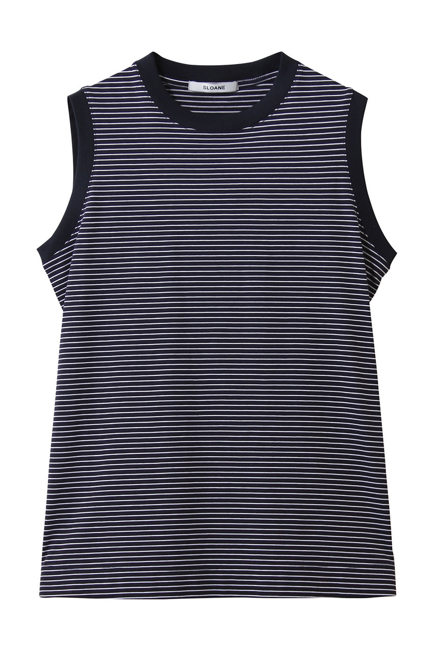 スローン/SLOANEの72/2コットン天竺 マイクロボーダーノースリーブ(ネイビー×細ホワイト/SL10S-T1143)