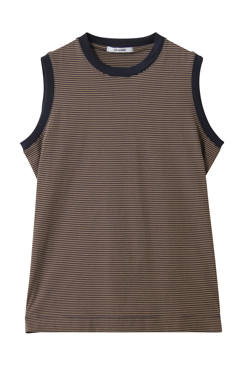 スローン/SLOANEの72/2コットン天竺 マイクロボーダーノースリーブ(ネイビー×キャメル/SL10S-T1143)