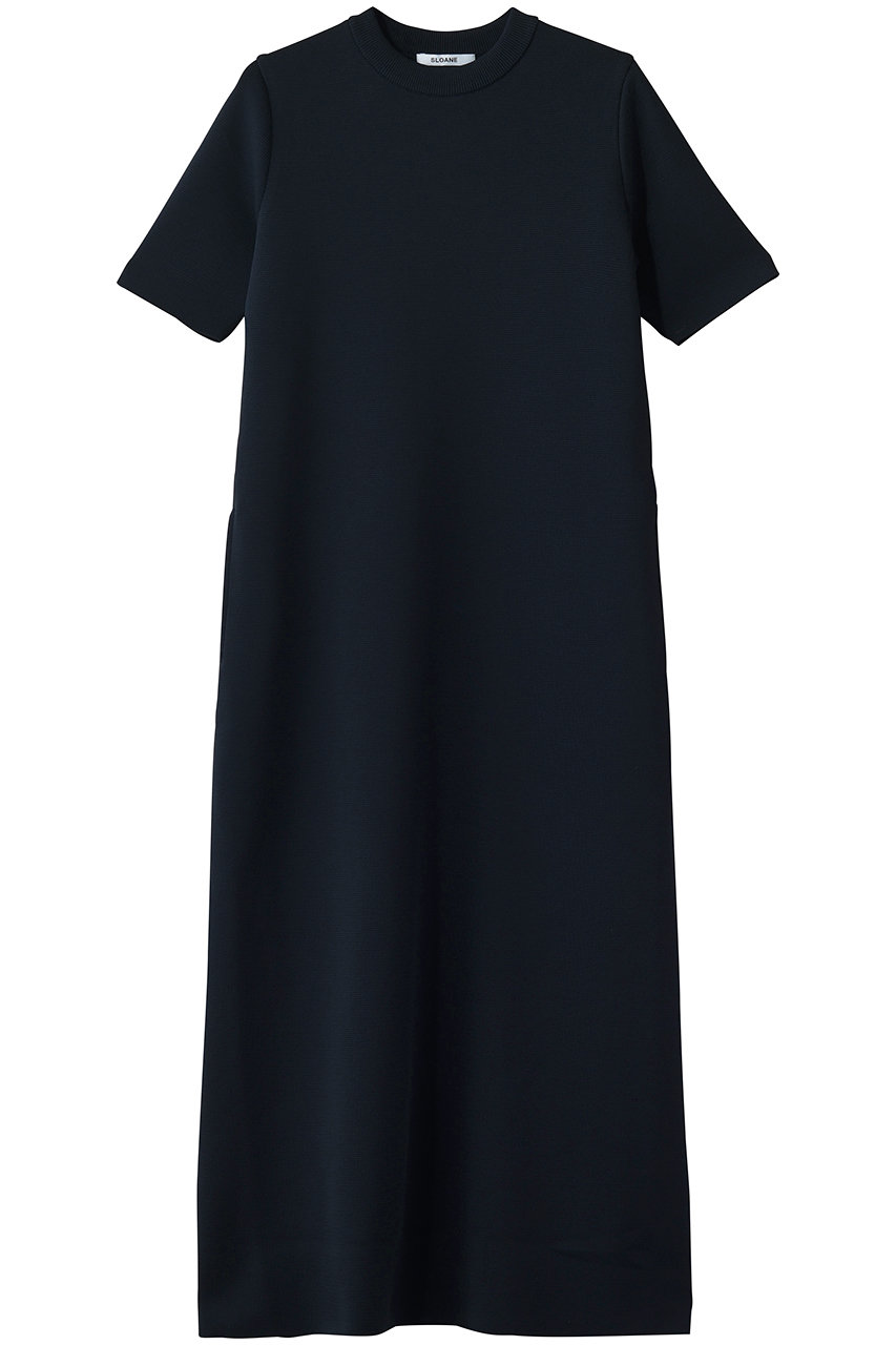 スローン/SLOANEの14Gミラノリブ ポリエステル×キュプラ×コットン 半袖クルーネック ワンピース(ダークネイビー/SL8S-602)