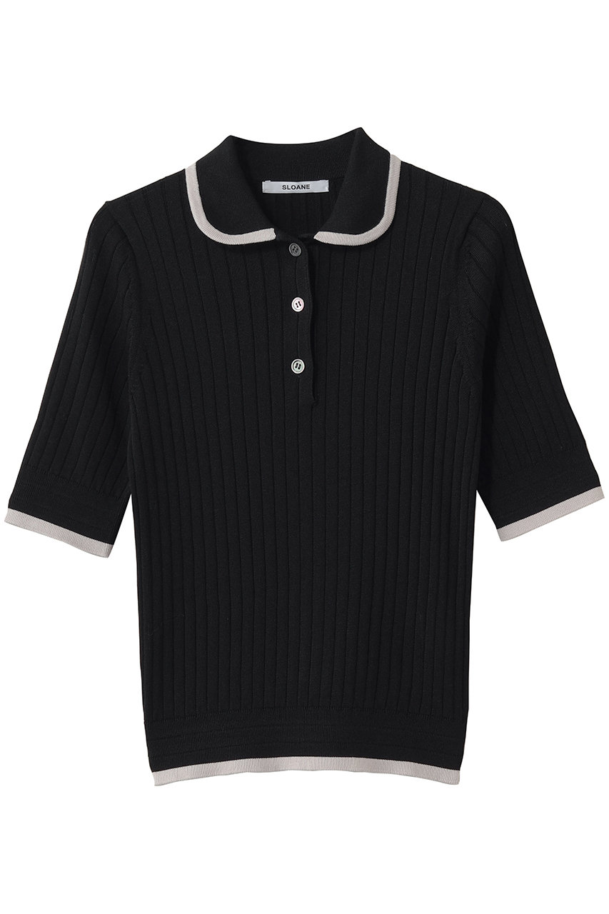 スローン/SLOANEの12Gワイドリブ コットン×ポリエステル バイカラー5分袖丸襟ポロ(ブラック×ライトグレー/SL9S-802)