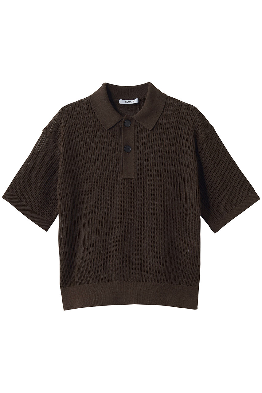 スローン/SLOANEの12G透かし編み コットン×ポリエステル×リネン 半袖ポロ(ブラウン/SL10S-1167)