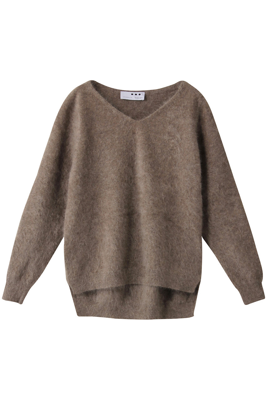 three dots スリードッツ Fluffy cashmere l/s fur v neck/プルオーバー ベージュ