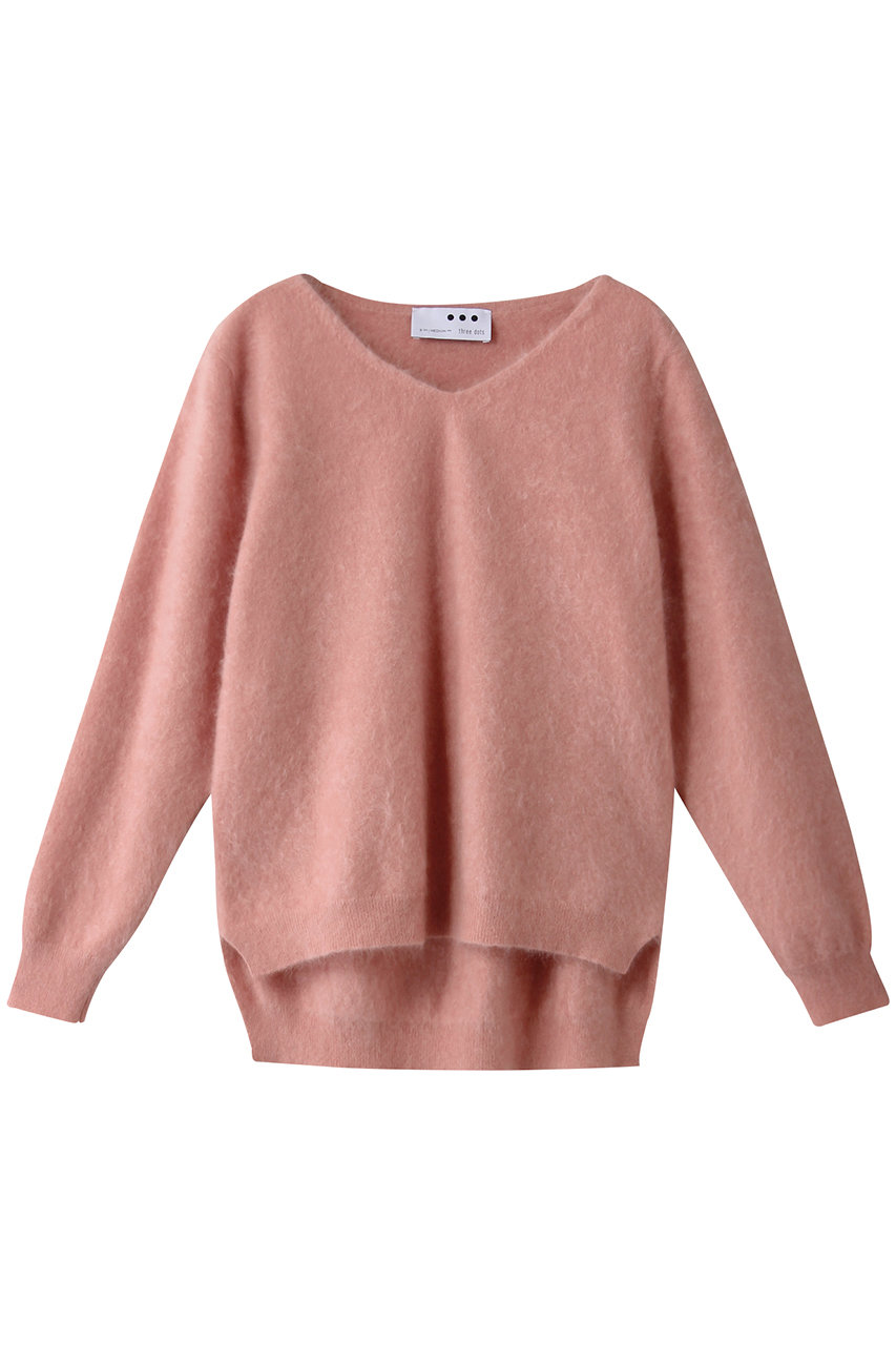 three dots スリードッツ Fluffy cashmere l/s fur v neck/プルオーバー ピンク