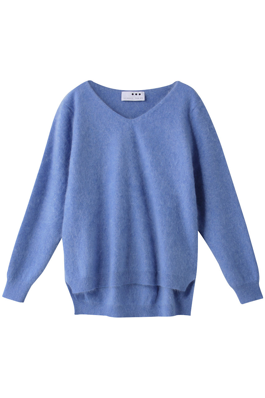 three dots スリードッツ Fluffy cashmere l/s fur v neck/プルオーバー スカイブルー