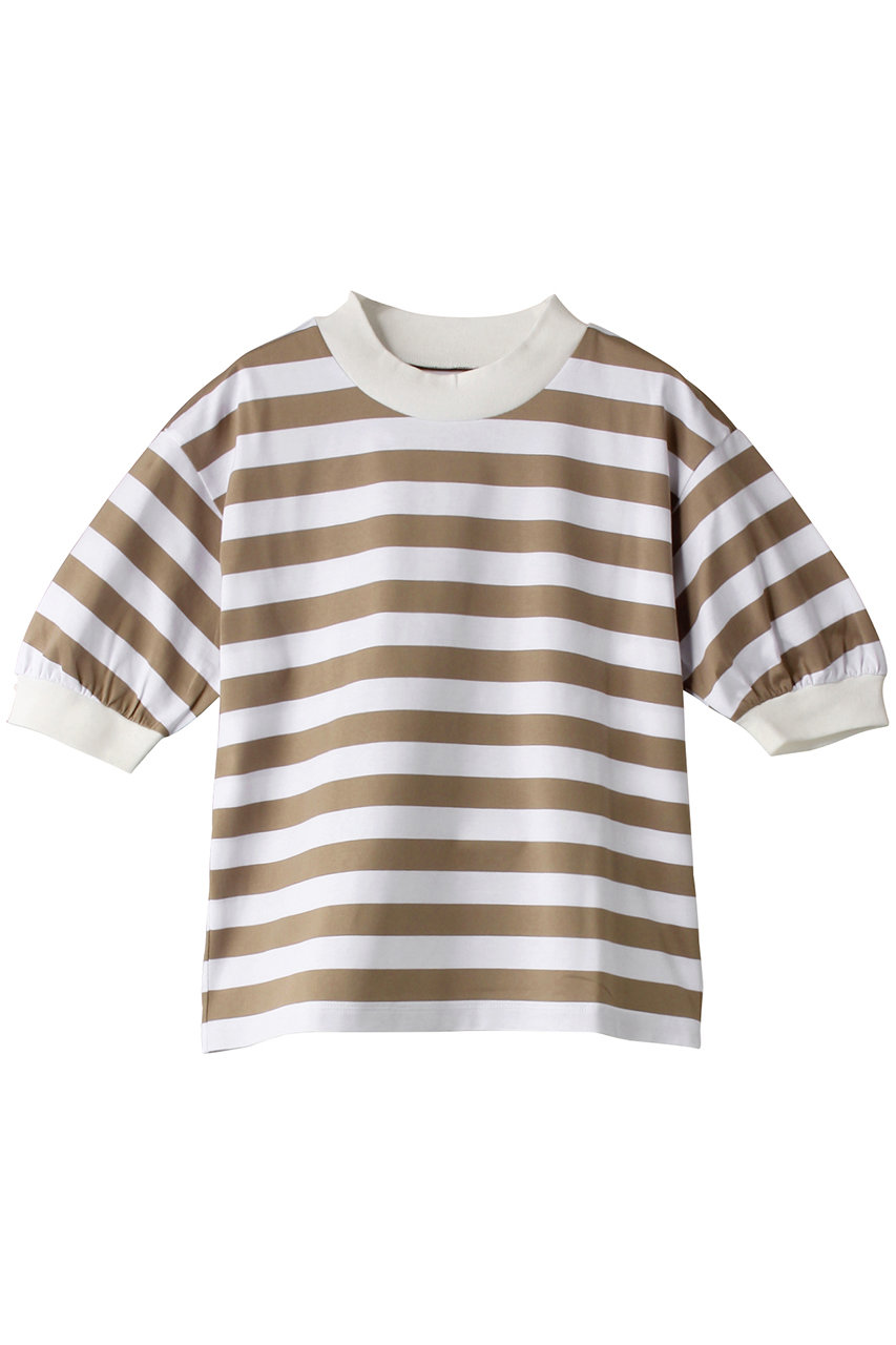 three dots ビッグストライプ パフTシャツ (ホワイト×ベージュ, S) スリードッツ ELLE SHOP three dots ビッグストライプ パフTシャツ (ホワイト×ベージュ, S) スリードッツ ELLE SHOP