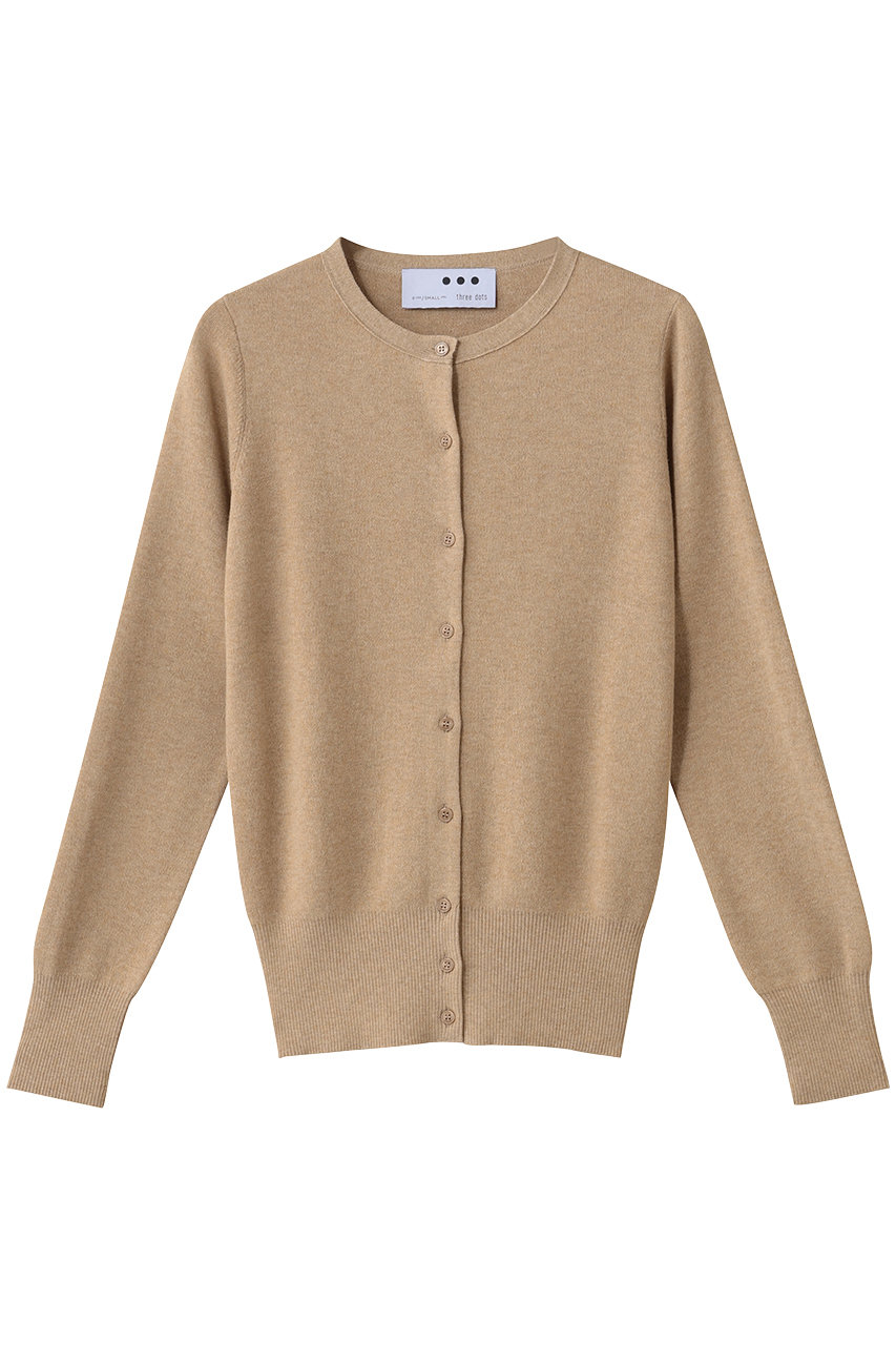 three dots コットンメランジ クルーネックカーディガン (COOKEY BEIGE, M) スリードッツ ELLE SHOP