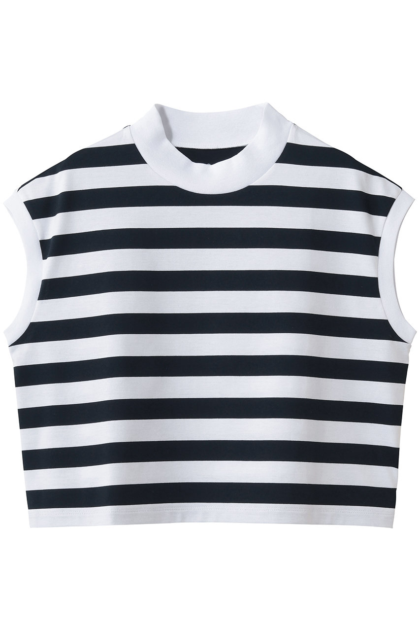 スリードッツ/three dotsのビックストライプ フレンチスリーブTシャツ(ホワイト×ネイビー/BA0003Y)