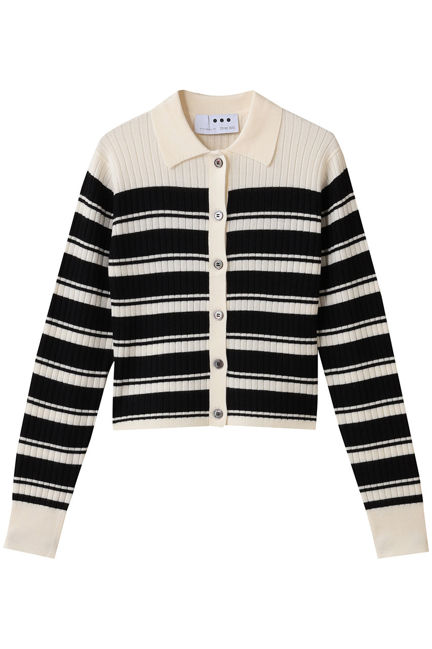 three dots ウールアウトフィット ポロカーディガン (オフホワイト/ブラック, M) スリードッツ ELLE SHOP