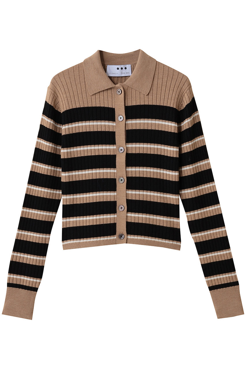 three dots ウールアウトフィット ポロカーディガン (ブラック/ベージュ, M) スリードッツ ELLE SHOP
