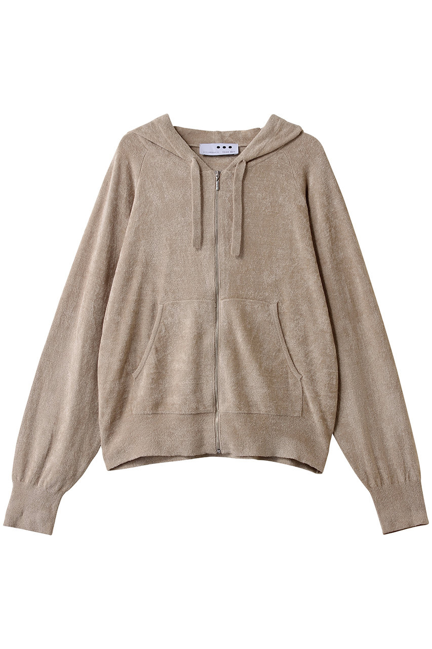 three dots ベロアセーター ジップアップフーディ (ベージュ, S) スリードッツ ELLE SHOP
