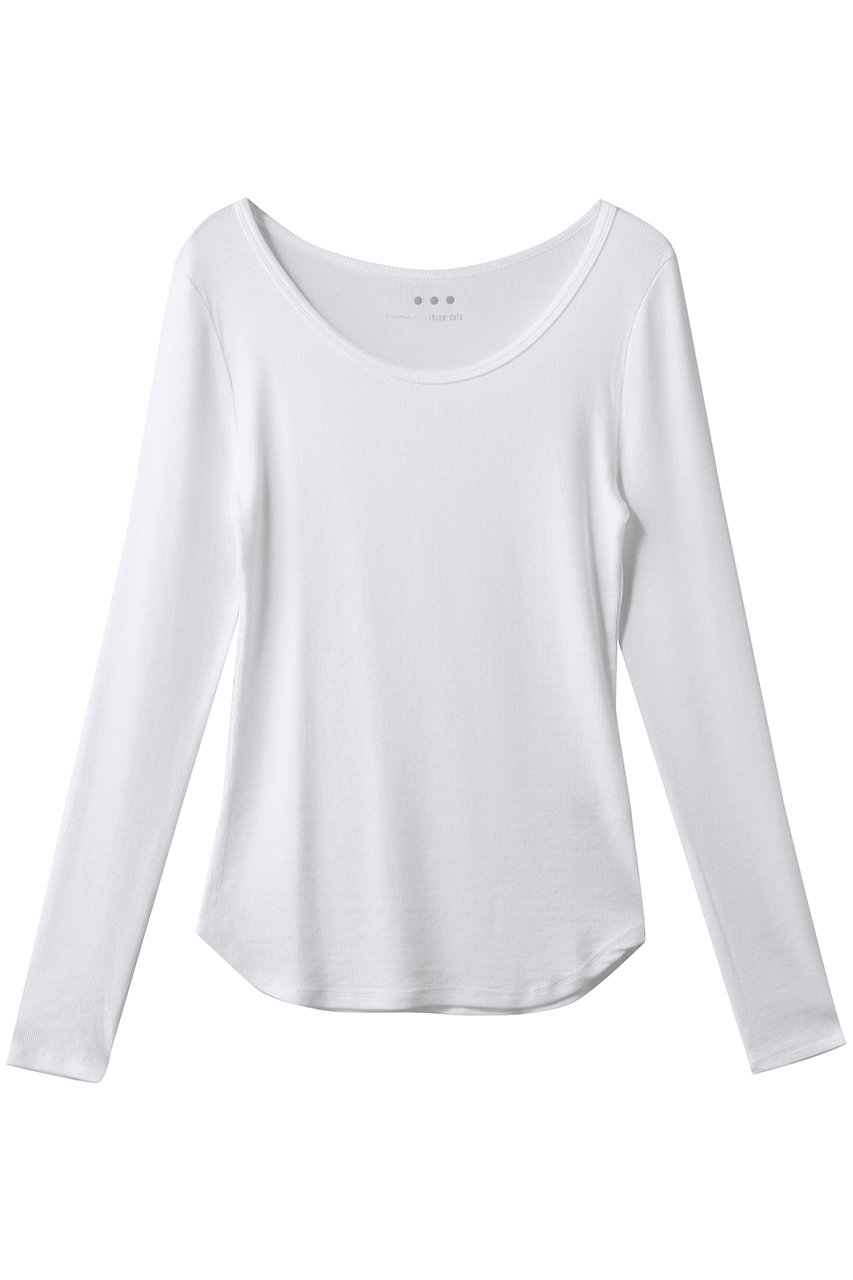 スリードッツ/three dotsのレーヨンニットリブジャージー オープンクルーネック(ホワイト/JR2005Y)