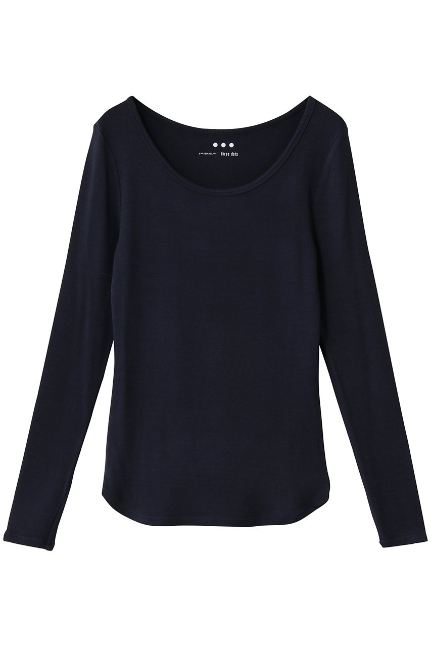 スリードッツ/three dotsのレーヨンニットリブジャージー オープンクルーネック(ネイビー/JR2005Y)