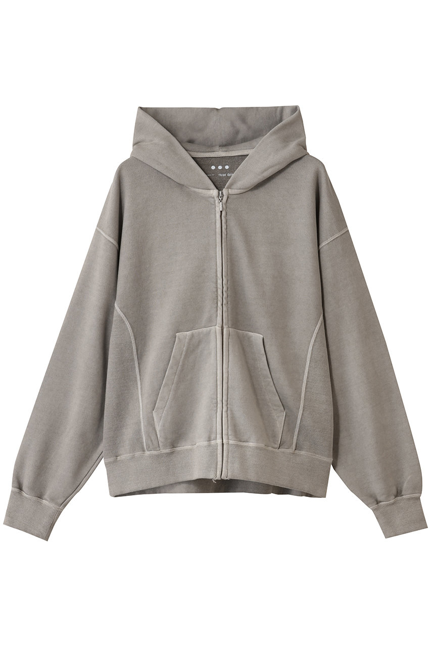 スリードッツ/three dotsのピグメントダイ ジップアップフーディ(グレーベージュ/PV7001Y)