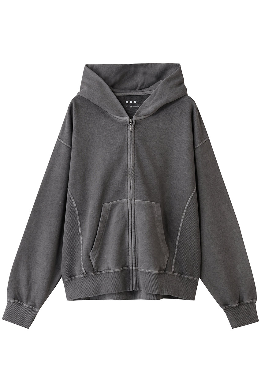スリードッツ/three dotsのピグメントダイ ジップアップフーディ(ブラック/PV7001Y)