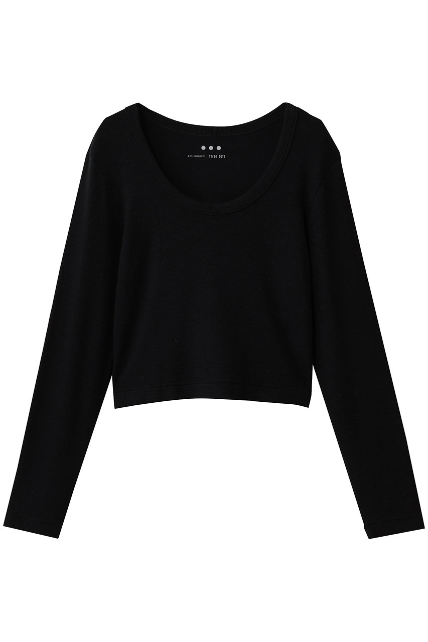 three dots レーヨンニットリブジャージー クロップドジェシカ (ブラック, S) スリードッツ ELLE SHOP