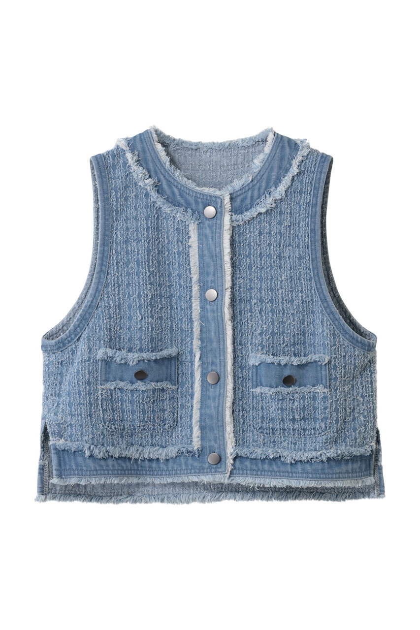 スリードッツ/three dotsのニードルパンチ デニムジレ(ウォッシュド/ND0001Y)