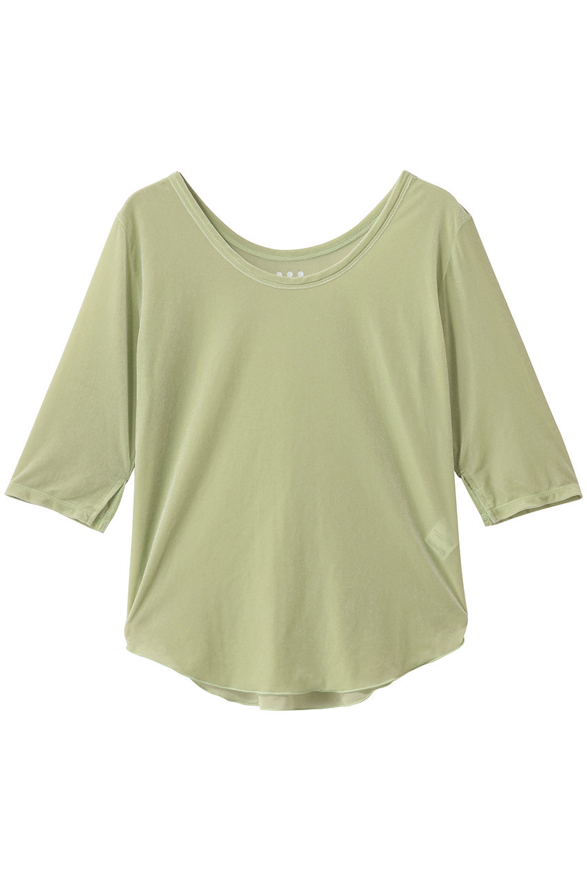 スリードッツ/three dotsのシアーベロア ダブルオープンネックTシャツ(グリーン/KV1001Y)