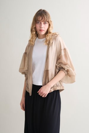 スリードッツ/three dotsのシャイニーシャツ ジップアップフーディ(110100/110105)