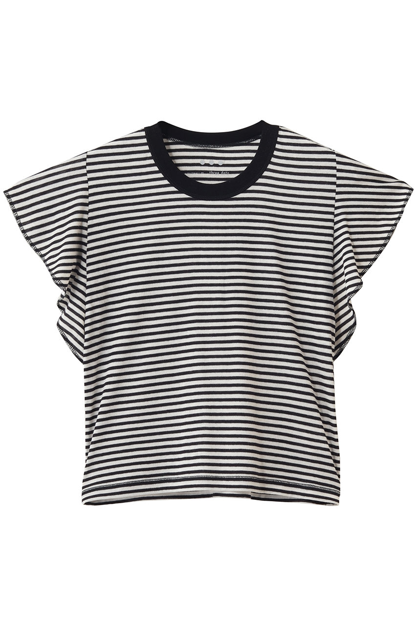 three dots 80ストレッチコットン ラッフルタンク (ブラックストライプ, M) スリードッツ ELLE SHOP