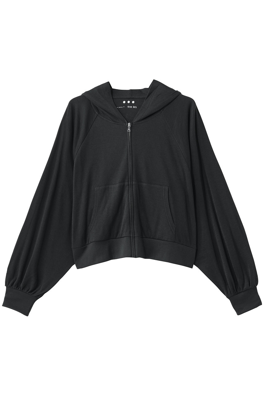 three dots スマイルダブルコットン ジップアップフーディ (ソフトブラック, S) スリードッツ ELLE SHOP
