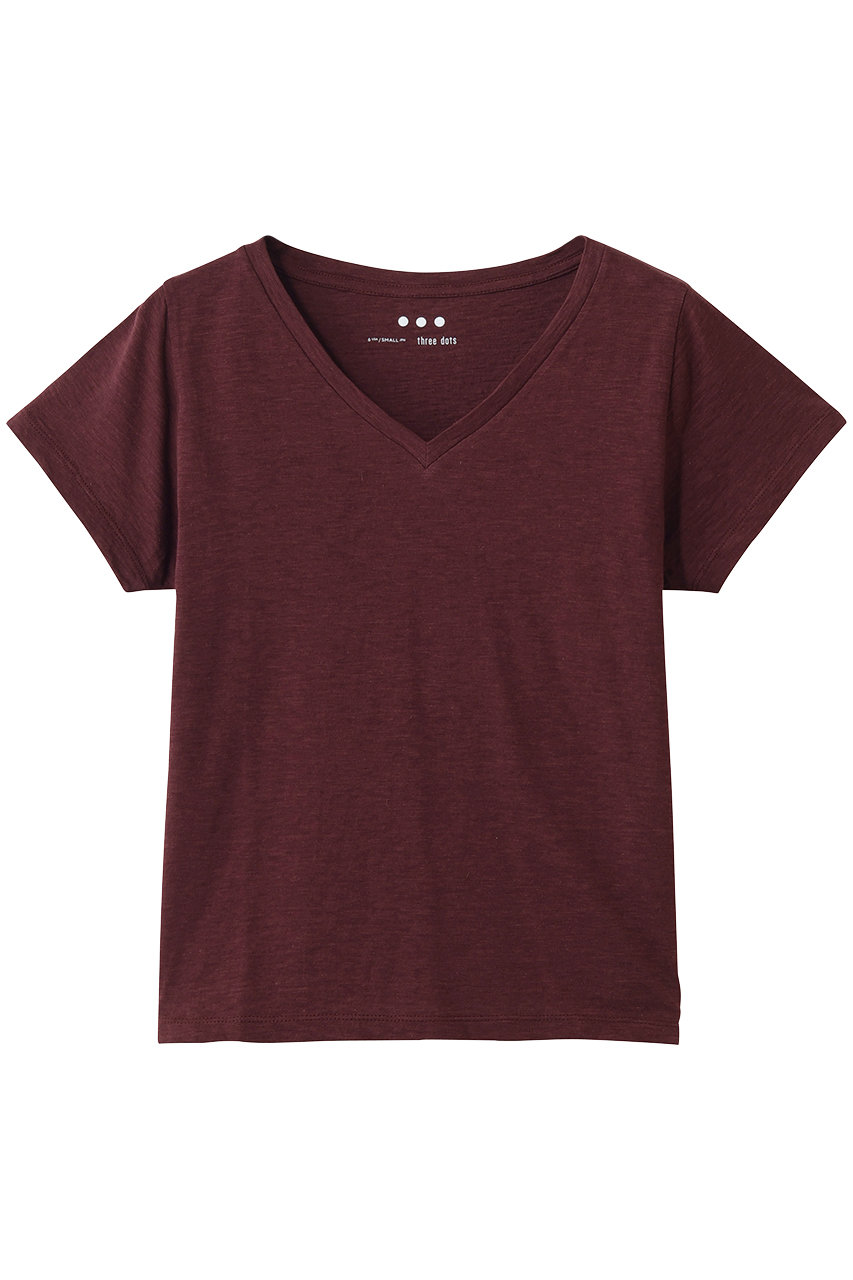 スリードッツ/three dotsのオーガニックスラブ　Vネック(バーガンディー/KK1003Y)