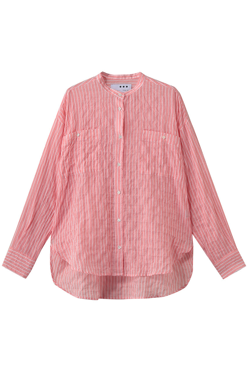 スリードッツ/three dotsのShirring swell シャツ(レッド/ホワイト/QA7001Y)