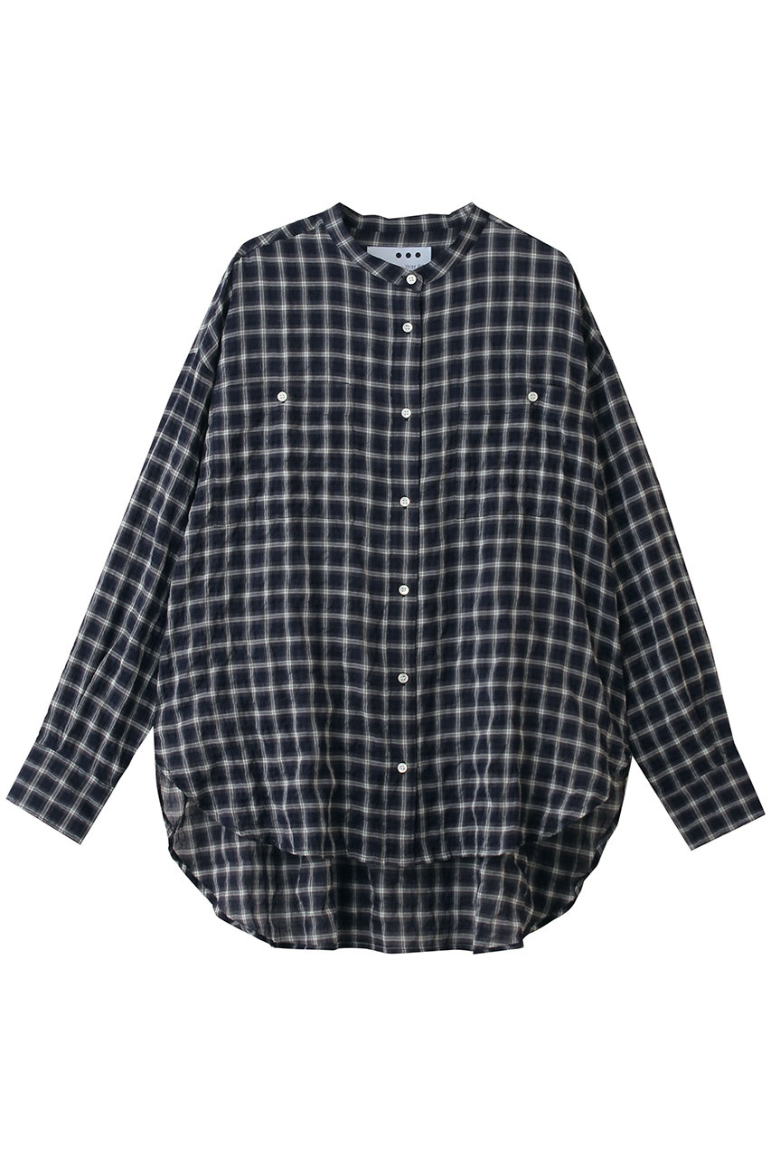 スリードッツ/three dotsのShirring swell シャツ(ネイビープレイド/QA7001Y)